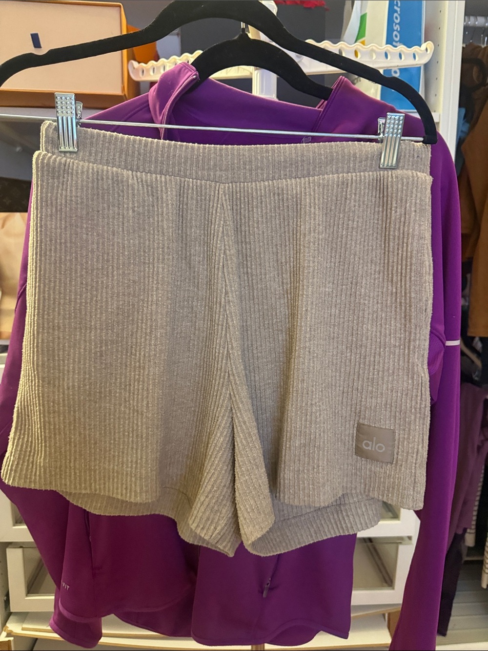 ALO Yoga Ribbed Knit Athletic Shorts in Beige Tan
